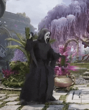 a grim reaper in a black robe is standing in front of purple trees