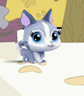 a cartoon cat with big blue eyes and a pink nose