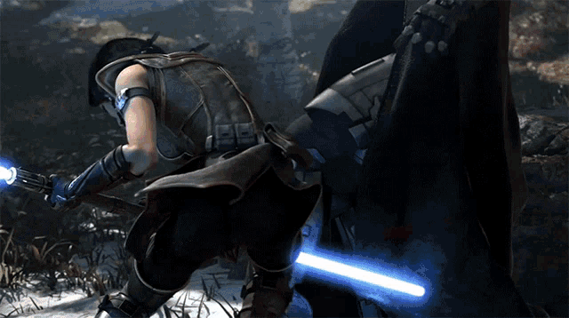 a woman in a video game is holding a red light saber