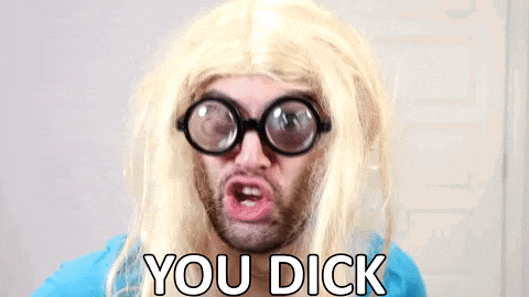 a man wearing glasses and a blonde wig is making a funny face and says `` you dick '' .