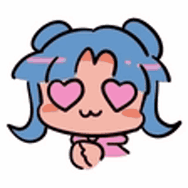 a cartoon girl with blue hair and pink hearts in her eyes is wearing a pink scarf .