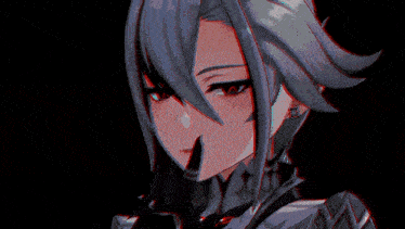 a girl with red eyes is holding her finger to her lips .