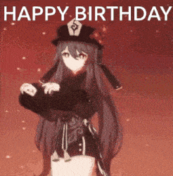 a girl with long hair is standing in front of a red background with the words `` happy birthday '' .