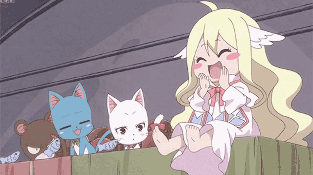 a cartoon of a girl sitting on a ledge with three cats and a mouse