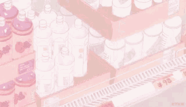 a shelf filled with lots of pink and white bottles of water in a store .