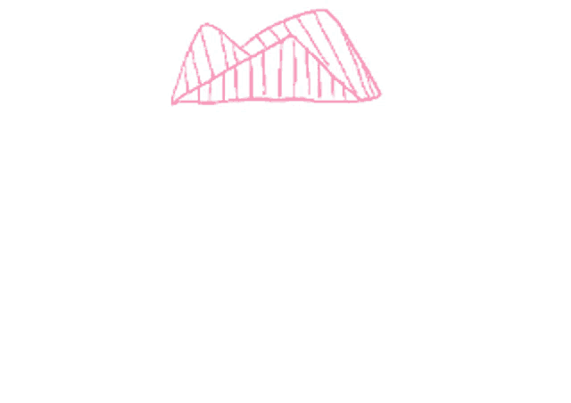 a pink and white drawing of a roller coaster with mountains in the background