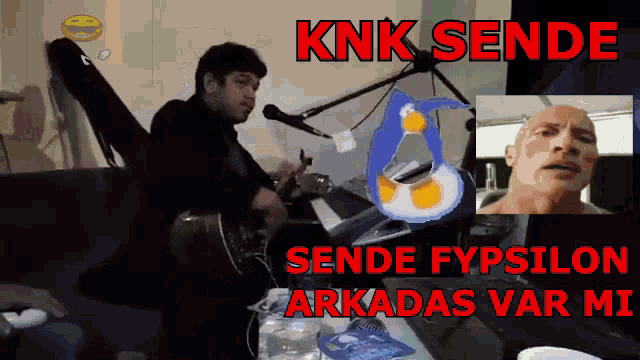 a man playing a guitar in front of a microphone with the words knk sende sende fypsilon arkadas var mi