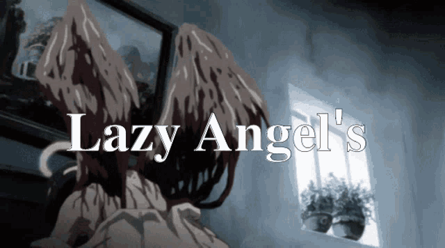 a poster for lazy angel 's shows a person with wings in a room