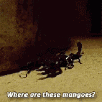 a scorpion is crawling on the ground with the words " where are these mangoes " below it