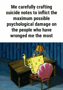 a cartoon of spongebob sitting at a table with a lamp on it