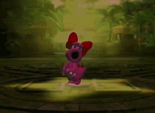 a pink cartoon character with a red bow on its head is standing in a circle