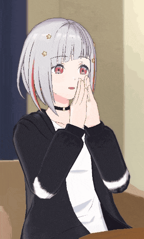 a cartoon girl with white hair and red eyes covering her face with her hands