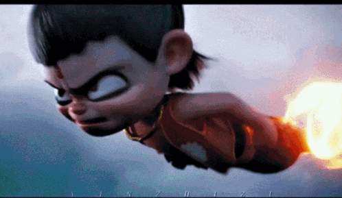a cartoon character is flying through the air with a fireball in his hand