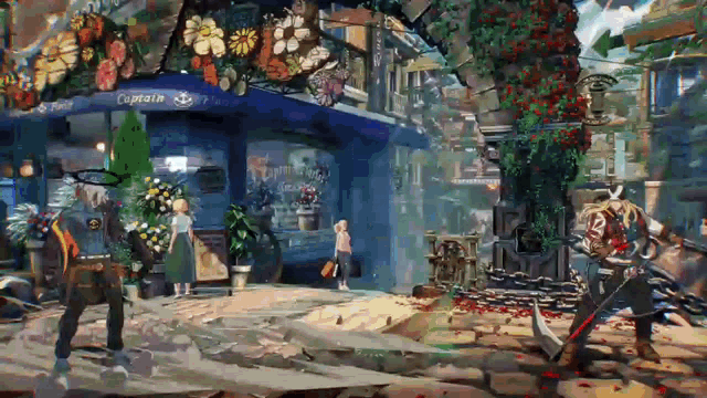 a video game scene shows a man fighting another man in front of a store called captain