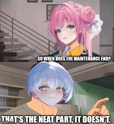 a girl with pink hair is talking to a girl with blue hair and the words " so when does the maintenance end "