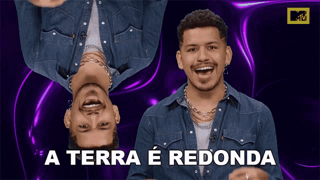 a man is upside down with the words a terra e redonda behind him