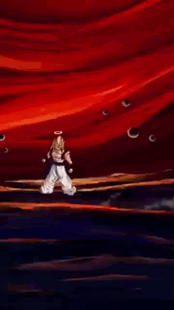 a cartoon character is standing in front of a red background and holding a sword .