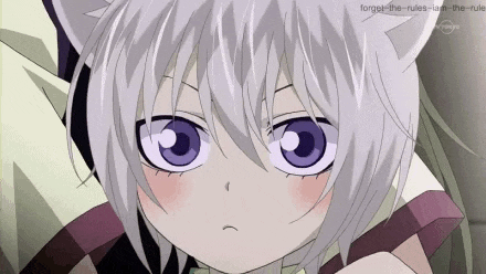 a close up of a person with a cat ear and purple eyes .