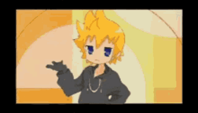 a cartoon character with yellow hair and blue eyes is standing in front of a yellow background .