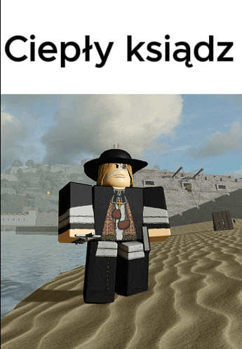 a cartoon character is standing on a sandy beach with the words cieply ksiadz written above him
