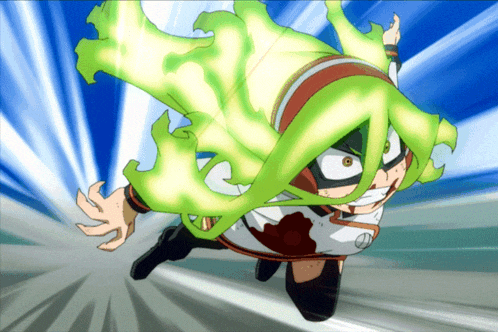 a cartoon character with green hair and a mask is flying through the air