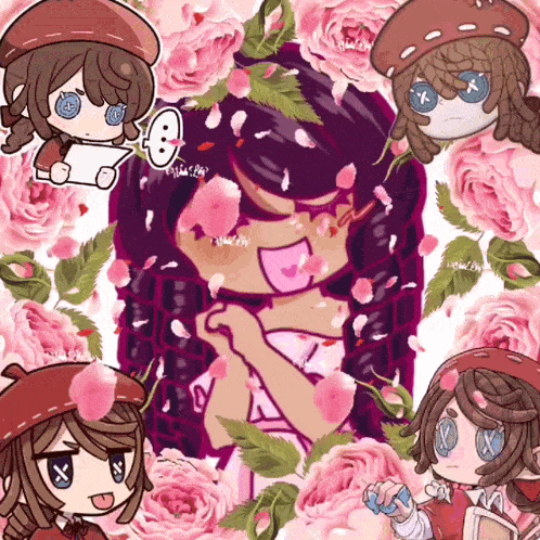 a drawing of a girl surrounded by pink flowers with the words " i love you " on the bottom right