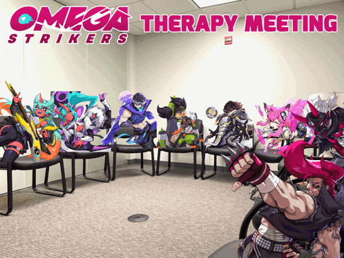 a poster for omega strikers therapy meeting with a bunch of characters on it