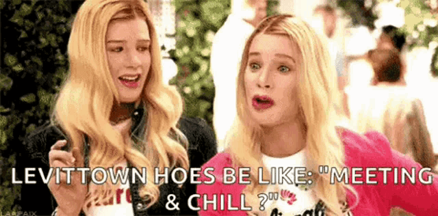 a couple of blonde women standing next to each other with a caption that says levittown hoes be like meeting & chill ?