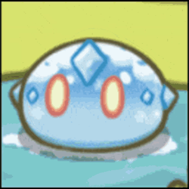 a blue cartoon character with red eyes and a diamond on his head is floating in the water .
