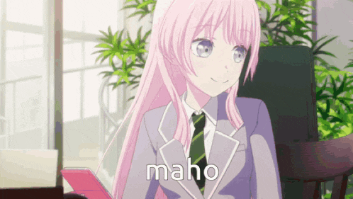 a pink haired anime girl in a purple suit and tie with the word maho written on the bottom