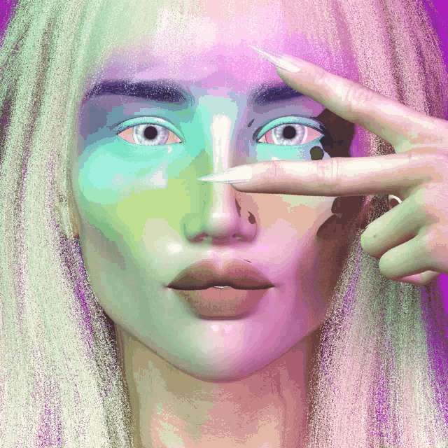 a close up of a woman 's face with a finger pointing at her nose