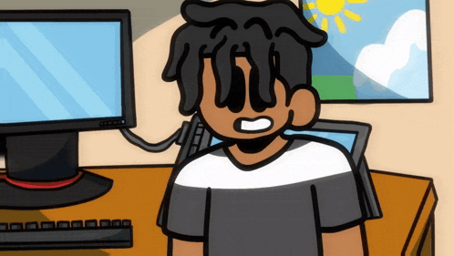 a cartoon of a man with dreadlocks standing in front of a computer monitor
