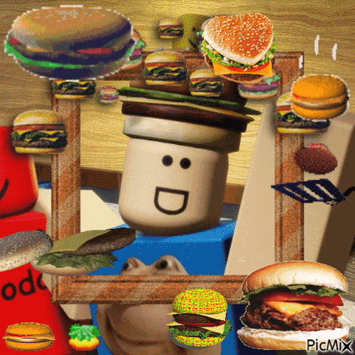 a picture of a man surrounded by hamburgers with the letters picmix at the bottom