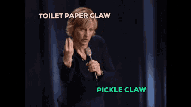 a woman speaking into a microphone with the words toilet paper claw and pickle claw