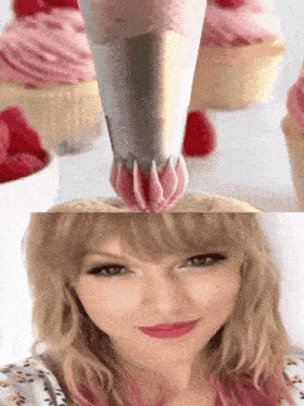 a woman with pink hair is smiling in front of a cupcake with pink frosting