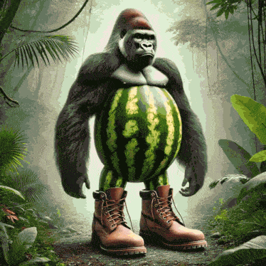 a gorilla with a watermelon on his stomach wearing timberland boots