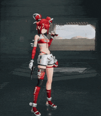 a girl with red hair is holding a gun in a dark room with a sign that says danger