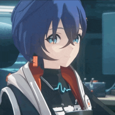 a close up of a blue haired anime girl with a necklace that says m