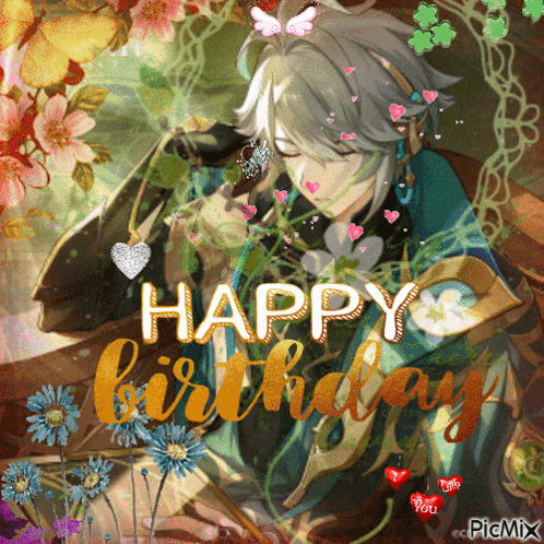 a picture of a boy with flowers and the words happy birthday on it