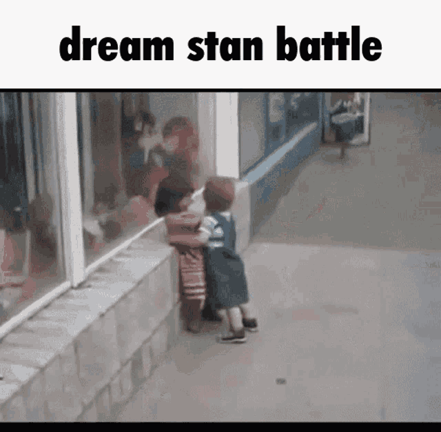 a couple of children standing next to each other on a sidewalk with the words dream stan battle below them