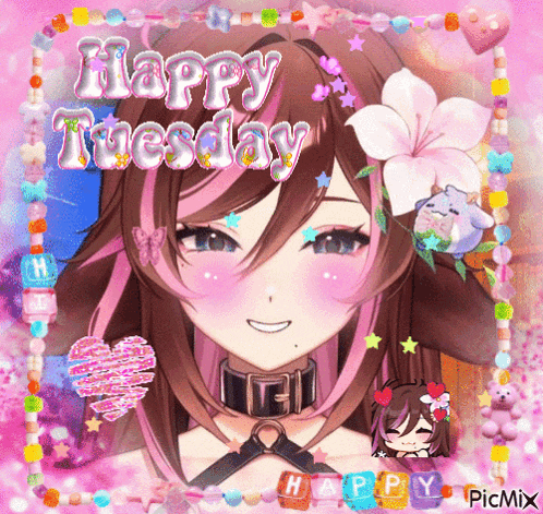 a picture of a girl with pink hair and the words happy tuesday on it
