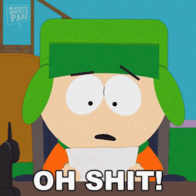 a cartoon character from south park is holding a piece of paper and says oh shit