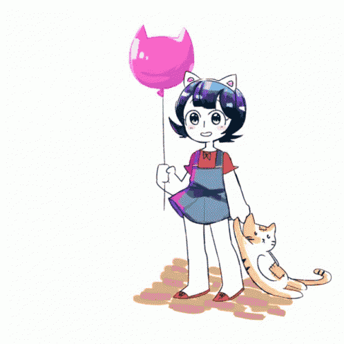 a girl is holding a pink balloon while standing next to a cat