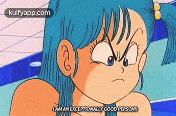 a cartoon girl with blue hair is making a funny face and saying `` i am an exceptionally good person ! ''