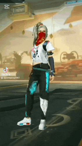 a woman wearing a mask and a white shirt is standing in a video game .