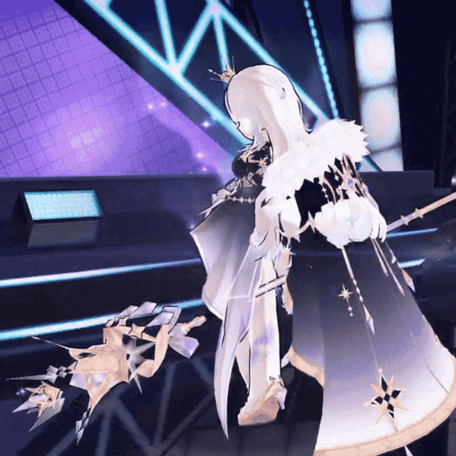 a girl with white hair and a crown is holding a sword