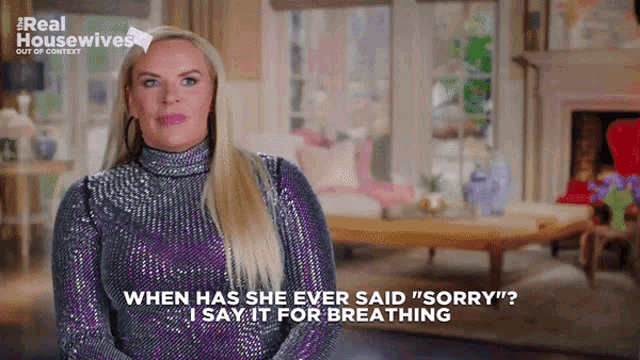 a woman in a purple sequined top says " when has she ever said " sorry "