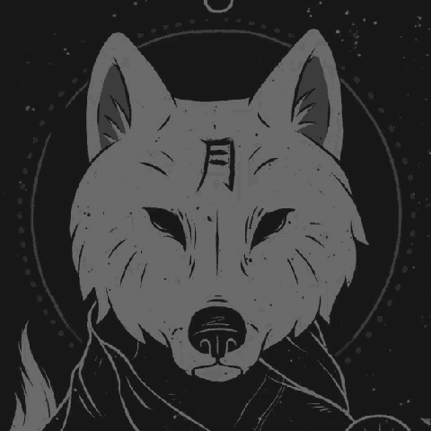 a black and white drawing of a wolf with a chinese symbol on its face