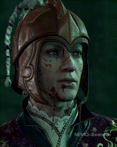 a painting of a woman wearing a helmet with the name nemo-beatrice on the bottom right