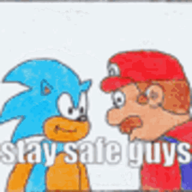 a cartoon of sonic the hedgehog and mario talking to each other with the words `` stay safe guys '' .